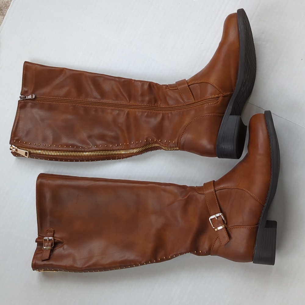 Dream Pairs Intruder-3 Stud Embellished Heeled Tall Boots 9.5 Brown Full Zipper - Picture 2 of 16